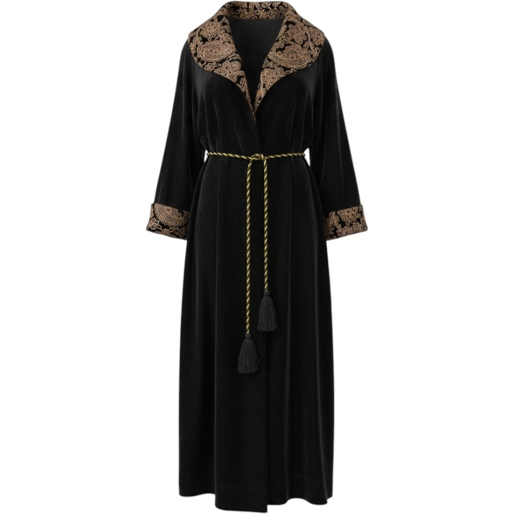 Vintage Miss Miss Dior Black Velvet Robe Paisley Brocade Tassel Belt USA Sz S